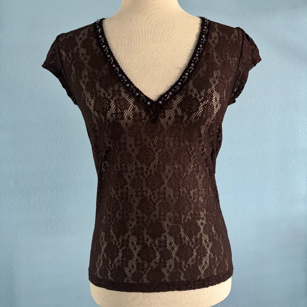 Brown Floral Top - Roses - Sequins V Neck - Size XS - New York & Company